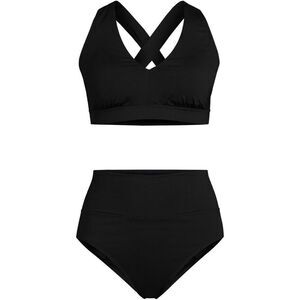 Land's End two piece V Neck bikini top high leg high waisted bottoms blk Large